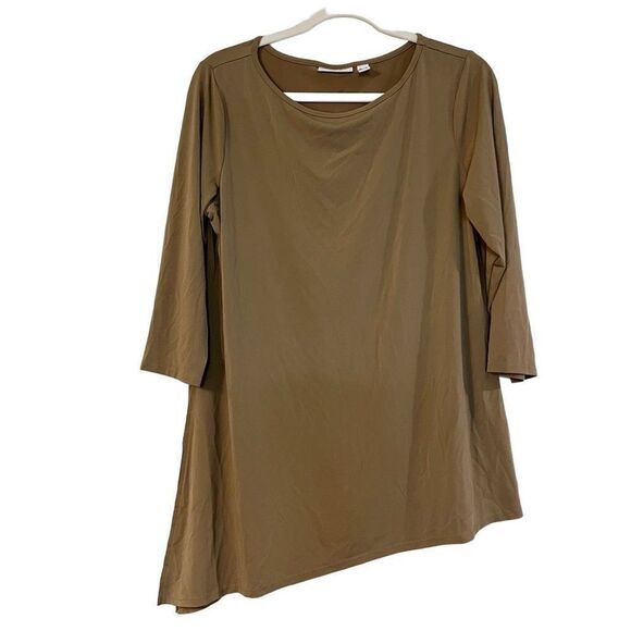 Susan Graver Tan Asymmetrical Liquid Knit Quarter Sleeves Medium Tunic Blouse - Picture 2 of 10